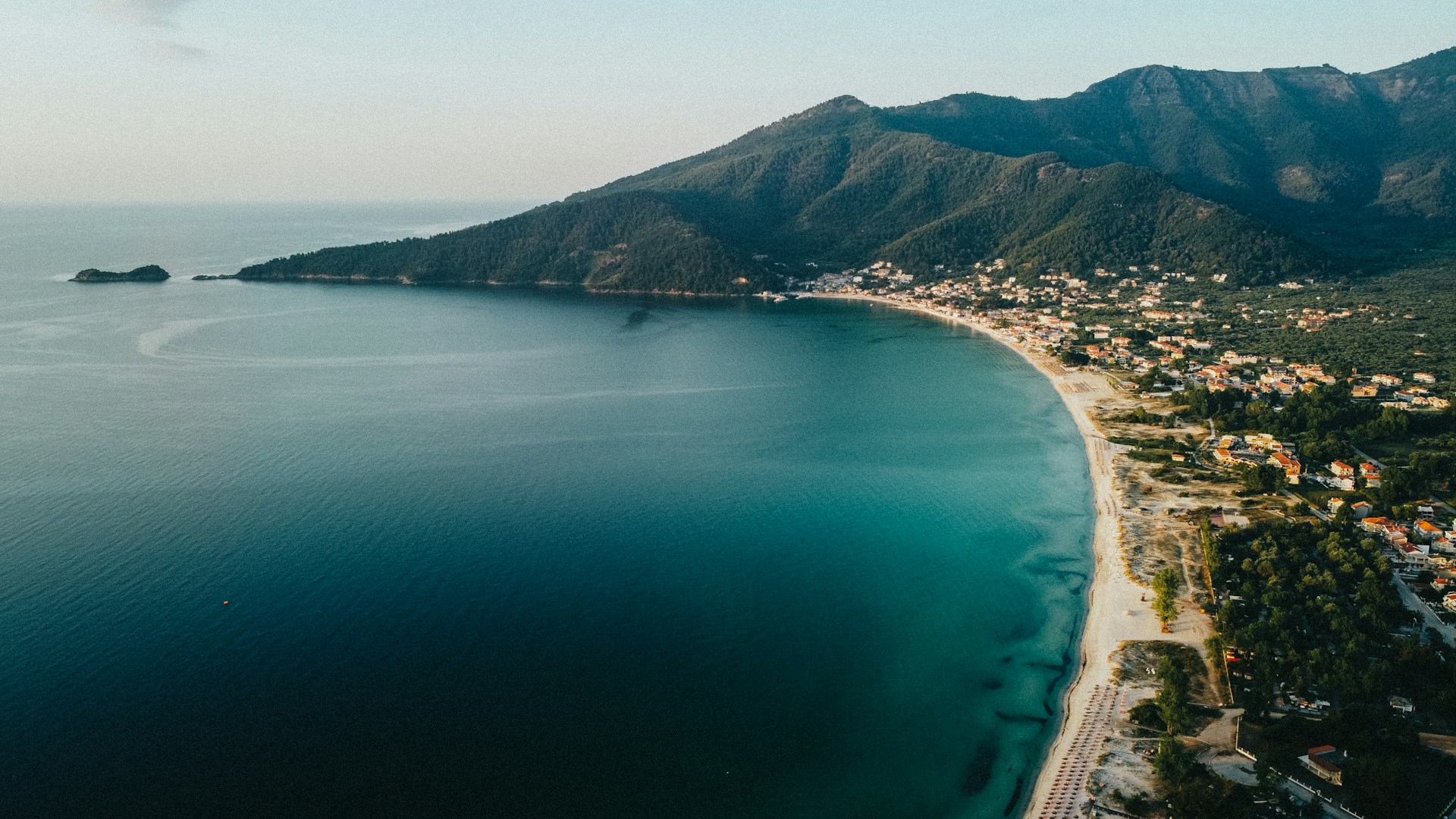 Aerial view of Ionian coastline at golden hour